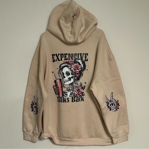 Beige Calavera Graphic Hoodie with Skull & Text Print - “Expensive talks back”